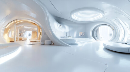 360 degree panorama view of white futuristic room architecture building interior 3d render illustration hdr vr style equi rectangular projection