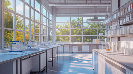 Fototapeta premium modern white laboratory building interior with windows and working space 3d render illustration