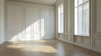 Fototapeta premium empty room with white walls and wooden floor interior 3d rendering illustration 360 equirectangular panorama