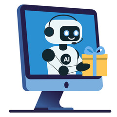 Illustration chat bot with gift from monitor screen. Holiday help assistance, artificial intelligence support device. Vector illustration isolated on transparent background.