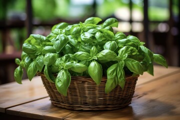 Naklejka premium Organic Basil Plant in Italian Basket on Wooden Table - Vegan and Healthy Spice from Home Garden