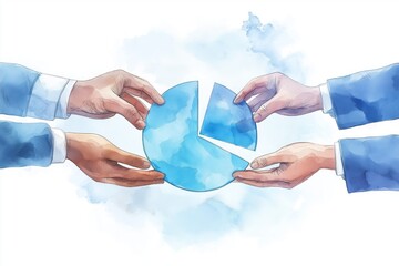 Watercolor illustration of business professionals sharing financial pie chart, symbolizing collaboration, investment strategy, and teamwork in economic decision-making, Generative AI