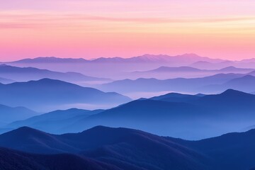  Vast mountain range at sunrise, misty layers of peaks fading into distance, bathed in soft pink, orange, and lavender hues, creating breathtaking scenery.
