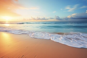Obraz premium Panoramic Beach Landscape with Calm Caribbean Atmosphere at Dawn. Inspiring Caribbean Seascape with Orange and Golden Glow of Sunset Sky