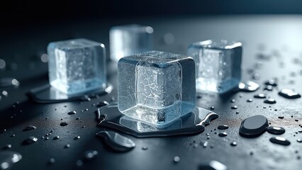 Melting ice cubes with water droplets on a dark reflective surface	