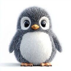 Chubby baby penguin plush with fuzzy gray and white fur, centered on a clean white background