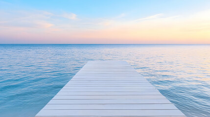 Tranquil sunset beach pier; peaceful ocean view