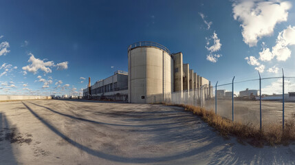 Fototapeta premium 360 degree full panorama environment map of abstract open concrete industrial building with metal fence 3d render illustration hdri hdr vr virtual reality