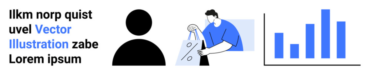 Business professional analyzing financial data with graphs, accompanied by an abstract black user icon. Ideal for business presentations, data analysis, finance, marketing strategies, office