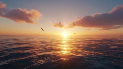 Serene Sunset over the Ocean, A breathtaking view of golden hour over calm waters with birds in flight