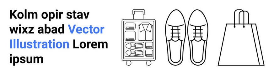 Suitcase filled with clothing, a pair of shoes, and a shopping bag. Ideal for travel planning, fashion, shopping, packing tips, vacation preparation lifestyle blogs retail promotions. Landing page