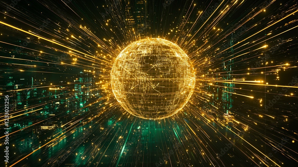 Poster golden globe network data streams cityscape