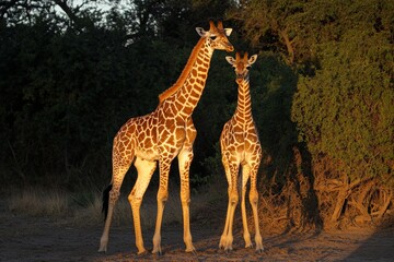 Obraz premium A baby giraffe is seen closely standing next to its mother under golden sunlight. The scene captures a tranquil moment in their natural habitat during the late afternoon hours