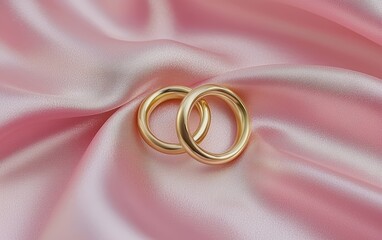 A pair of intertwined golden wedding rings resting on a soft pink satin background, eternal love theme for Saint Valentines Day