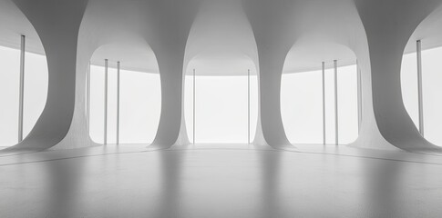 An empty space within a futuristic room, showroom, spaceship, hall, or studio, depicted in perspective, with a ceiling, hidden lighting, and a white floor. This contemporary background showcases
