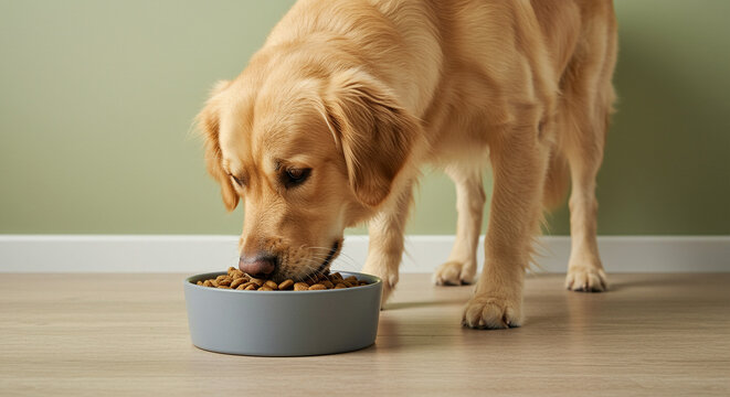Golden retriever dog eating dog food from bowl. Dog eating food. Golden retriever eating
