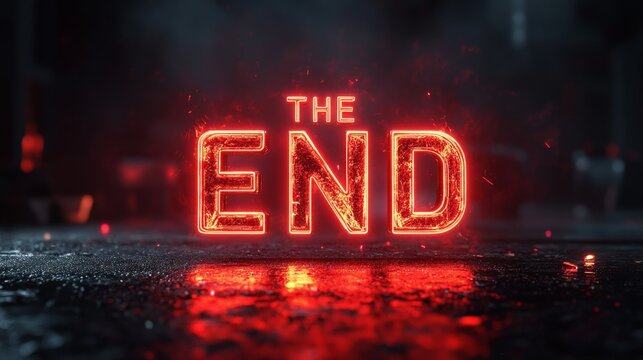 A glowing red metallic 'END' text on a dark background, evoking a cinematic sense of finality and suspense, ideal for dramatic endings.