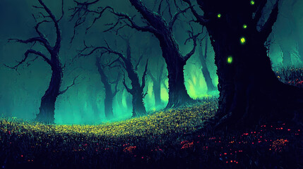 Obraz premium Enchanted Forest with Twinkling Lights and Mystical Atmosphere