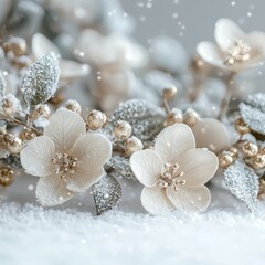 Fototapeta premium Snowy floral wreath detail with falling snow, winter background