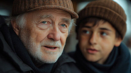 Fototapeta premium Caucasian elderly man and young boy in warm clothing sharing a moment