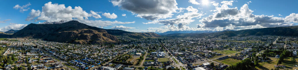 Esquel city aerial panoramic view on a beautiful summer day. Chubut, Patagonia Argentina
