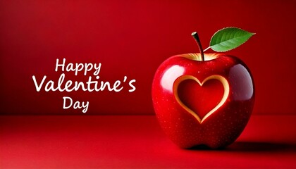 Obraz premium Red apple with a heart cut out. Next to an apple, Valentine's Day wishes on a red background. Valentine's Day card
