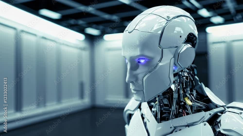 Poster advanced humanoid robot with glowing blue eyes in futuristic lab. cutting-edge ai technology and mac
