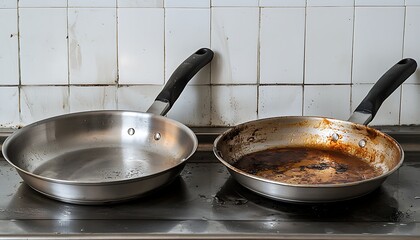 A shiny stainless steel frying pan contrasted with its dirty, greasy counterpart, emphasizing cleaning efficiency.