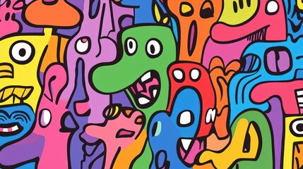 Colorful doodle monsters and creatures background.