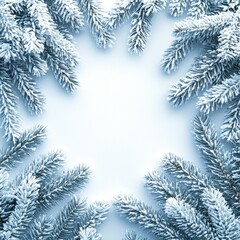 Snowy fir branches frame blank blue background for winter holiday design