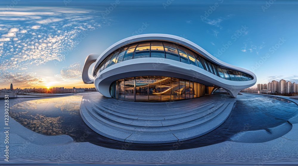 Poster full 360 equirectangular spherical panorama view of modern futuristic technology building architectu