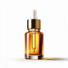 Naklejka premium Glowing skincare serum bottle with a pipette dripping liquid, centered on a clean white background