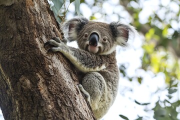Fototapeta premium A baby koala clings to its mother high on a eucalyptus tree. They are surrounded by lush greenery, basking in the sunlight of a peaceful Australian afternoon
