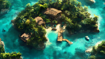 Serene retreat: an overhead view of a hidden island resort, set among shimmering turquoise waters and lush greenery, offering a glimpse of a tropical paradise. Shimmering Bay. Illustration