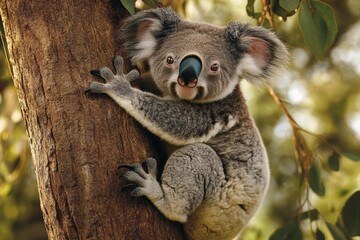 A baby koala clings tightly to its mother's back, nestled on a sturdy eucalyptus tree. The lush greenery surrounds them, capturing a tender moment in nature