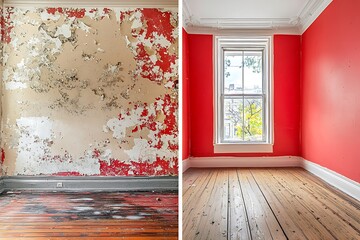Room makeover comparison featuring peeling red paint on one side and freshly painted vibrant walls on the other