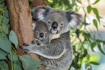 Fototapeta premium A tender moment between a baby koala and its mother as they perch on a eucalyptus tree in their natural habitat, enjoying a sunny day together. The affectionate bond is evident