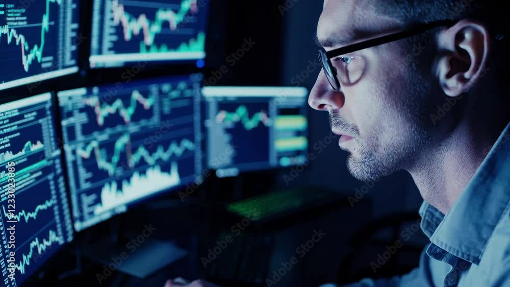 Poster Man analyzing stock market data. Caucasian trader monitoring financial charts on multiple screens. Intense focus on real-time market trends and fluctuations