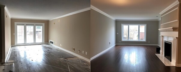 Before and after renovation a living room highlighting fresh wall paint and upgraded flooring for a contemporary look