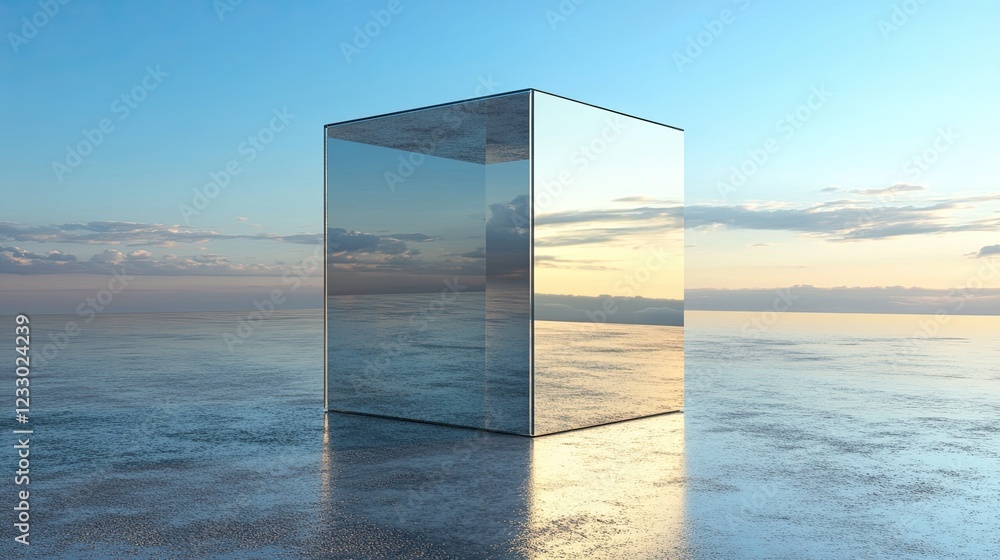 Poster a 3d rendering of an abstract futuristic glass structure featuring an empty concrete floor
