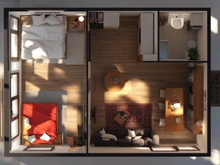 Three-Dimensional Floor Layout of Cozy Home. Open Concept Apartment Design with Furnished Interiors