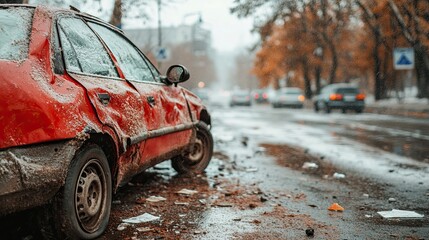 Fototapeta premium A detailed shot of a red car collision with another vehicle in traffic, highlighting the damaged and scratched fender on the front or rear right corner
