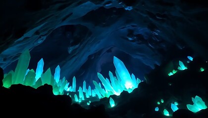 Glowing Teal Crystals Illuminate Dark Cave Interior