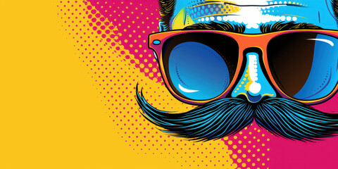 Retro pop art style sunglasses and mustache design with bright colors