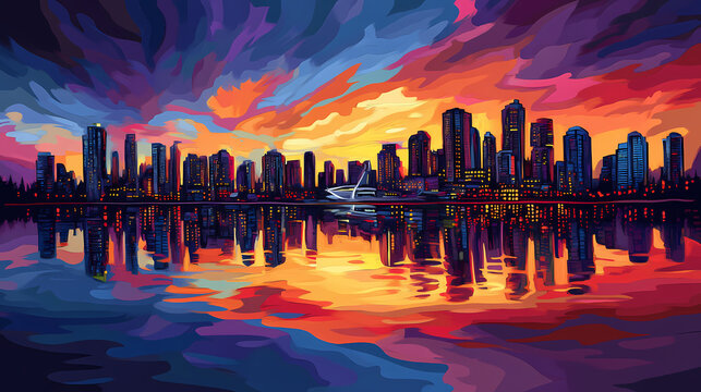 Vancouver sunset reflection, vibrant skyline illuminated by sunset hues, shimmering water surface captures the essence of a bustling city merging with serene nature. Shimmering Bay. Illustration