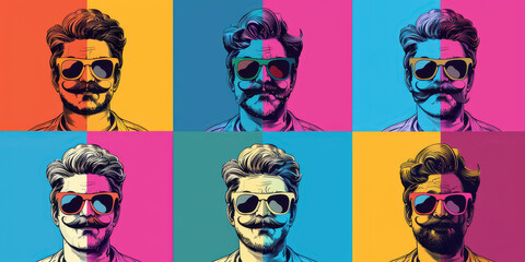 Colorful pop art portrait of caucasian male with sunglasses and mustache