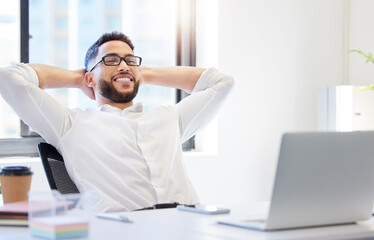 Obraz premium Office, happy man and thinking with laptop for relax, statement review and finish with bookkeeping. Business, male person and tax accountant with stretching arms on break, financial idea or completed