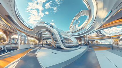 360 degree panorama of abstract industrial building with futuristic design 3d render illustration hdri vr style