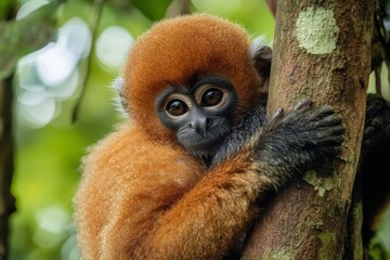 Obraz premium In the vibrant rainforest, a baby monkey tightly holds onto its mother's fur, nestled among the tree branches. The scene captures a moment of warmth and connection in an idyllic setting
