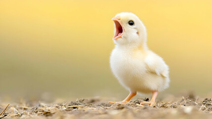 Fluffy Yellow Chick Peeping on Brown Ground
